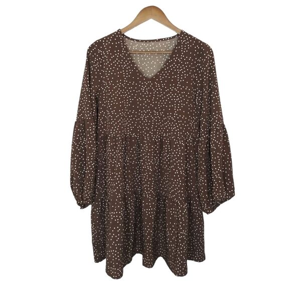 Brown & White Polka Dot Boho Baby Doll Flowy Dress Sz Medium - Picture 1 of 5